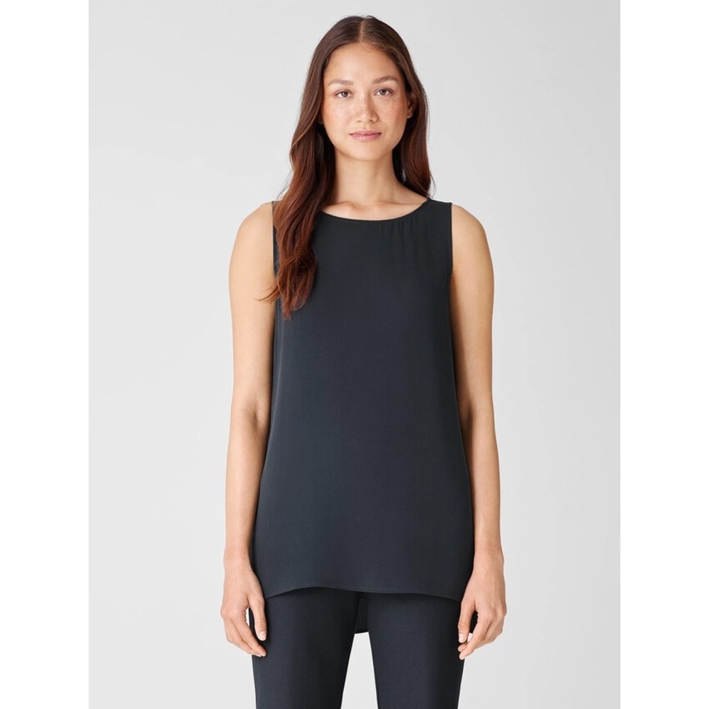 Eileen Fisher Tank Top Long Silk Georgette Crepe Black Medium